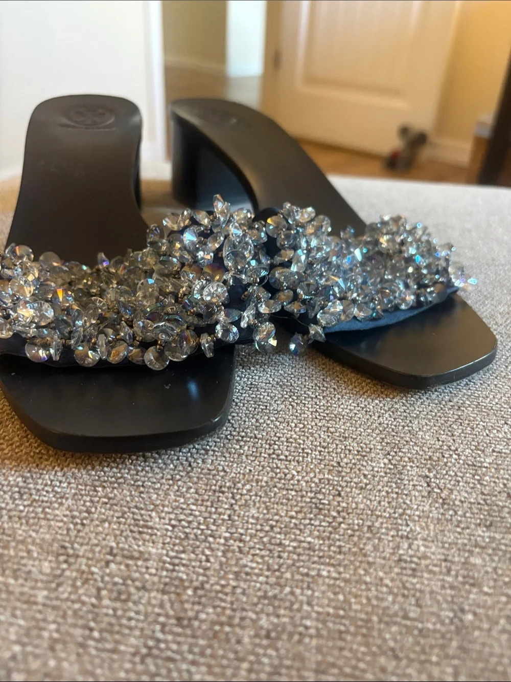 Tory Burch Black Crystal-Embellished Slide Mules